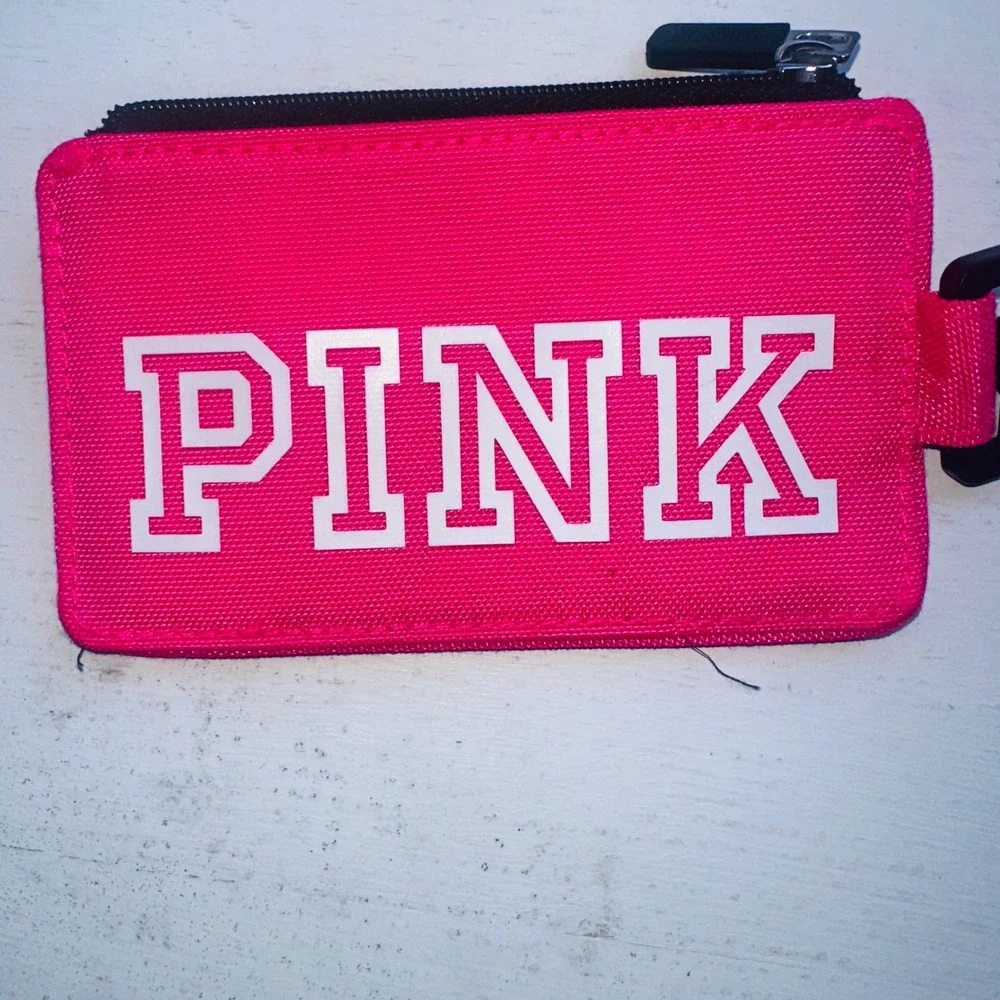 Pink Victoria's Secret Lanyard ID Case Wallet Neon Pink Gray Zipper Card Holder